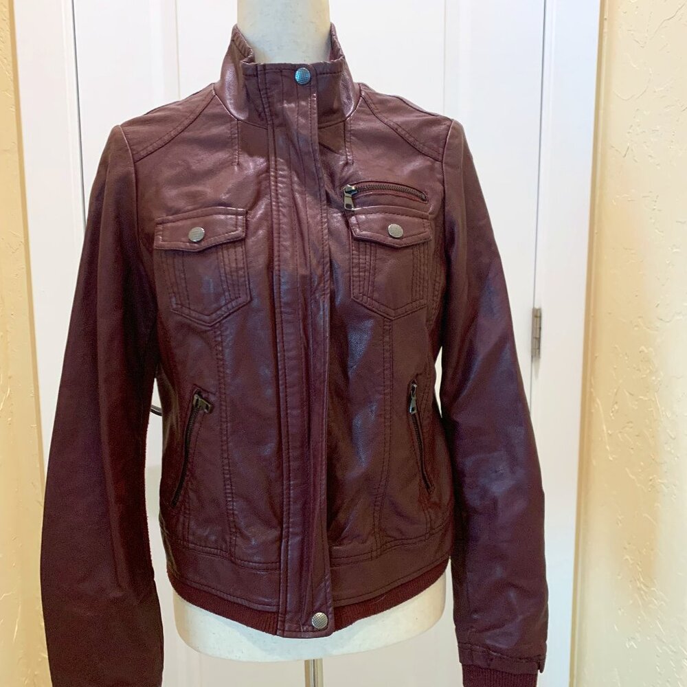 Women's Burgundy Faux Leather Cropped Jacket